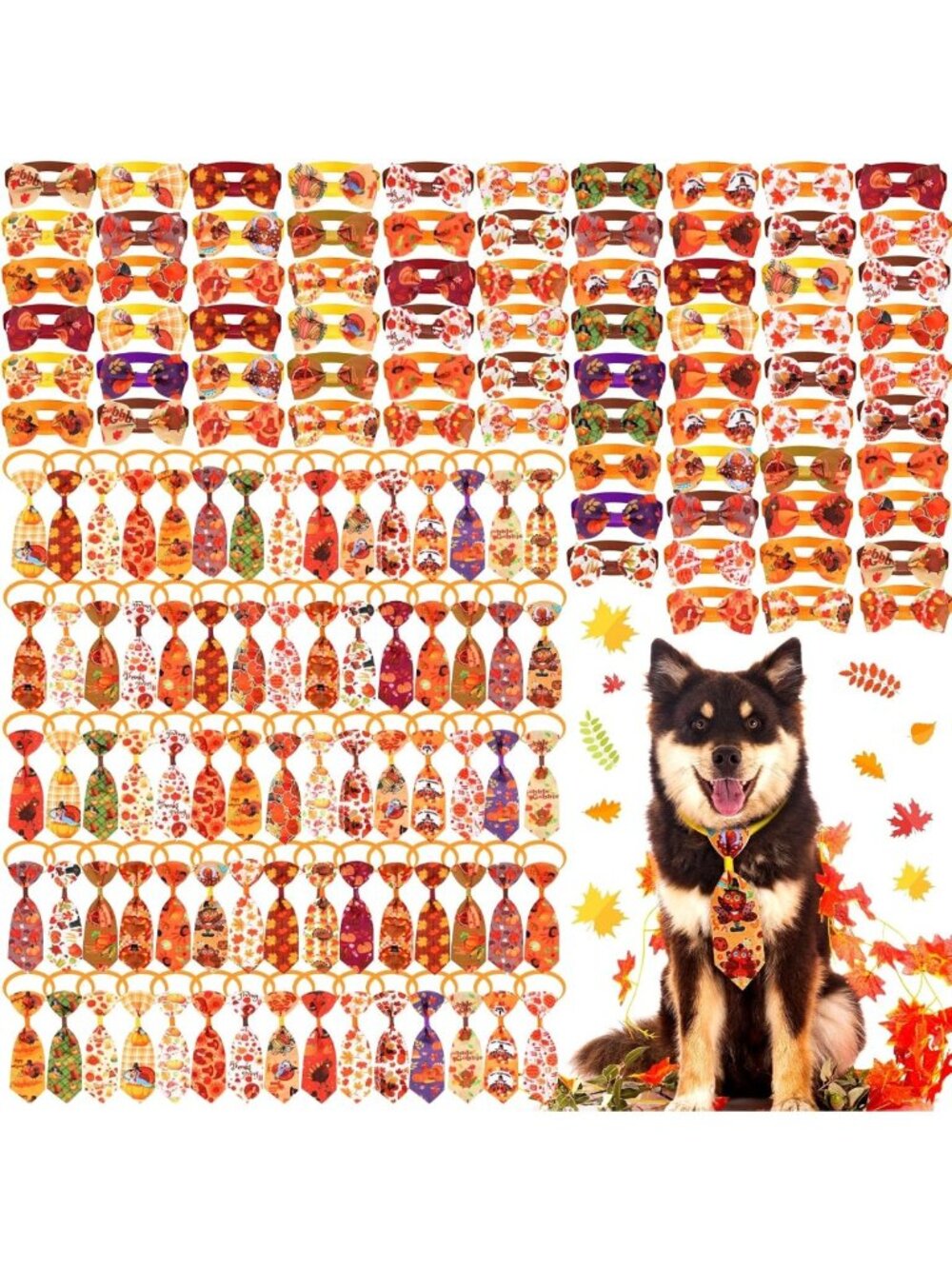 150 Pcs Adjustable Fall Dog Bow Ties & Neckties with Maple Leaves Design